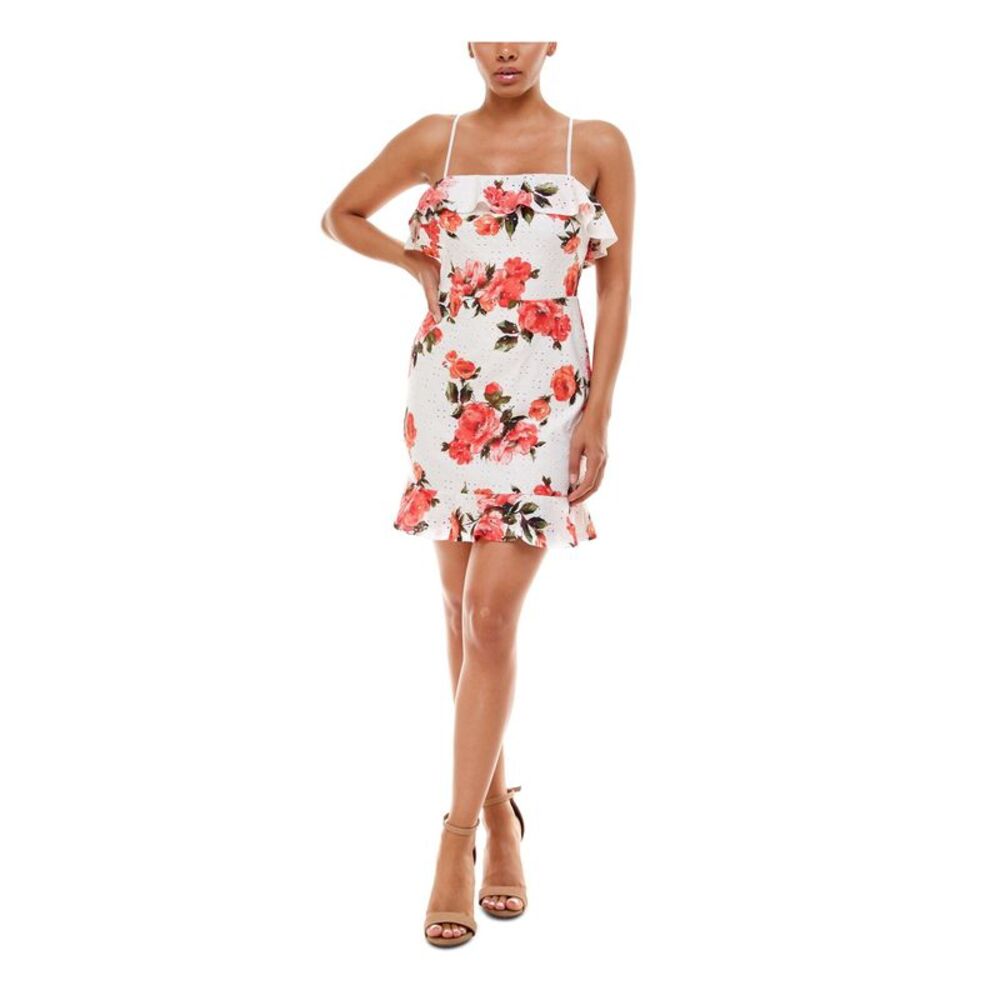 TRIXXI Womens Stretch Spaghetti Strap Square Neck Mini Party Sheath Dress
